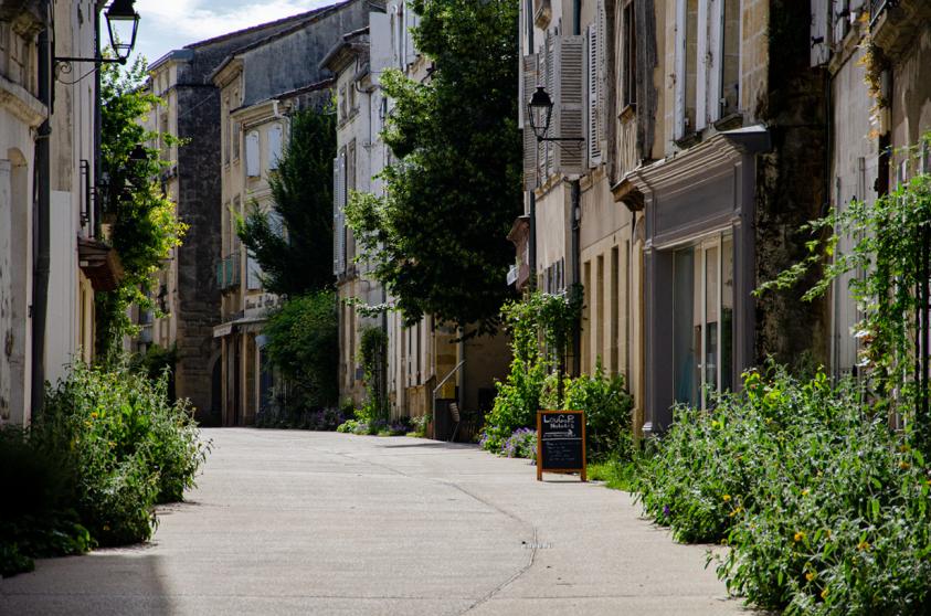 Rue Armand Caduc dans la ville médiévale de La Réole. Avec végétalisation des frontages et des pieds de façades.