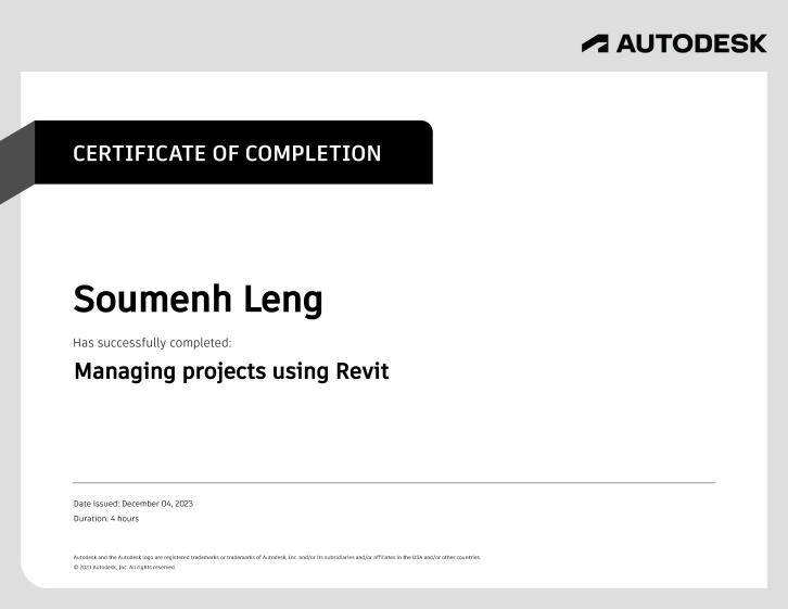 Certificat de formation REVIT sur AUTODESK